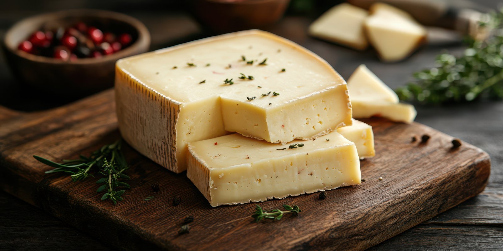 Cheese platter featuring aged cheese with fresh herbs and spices on wooden board